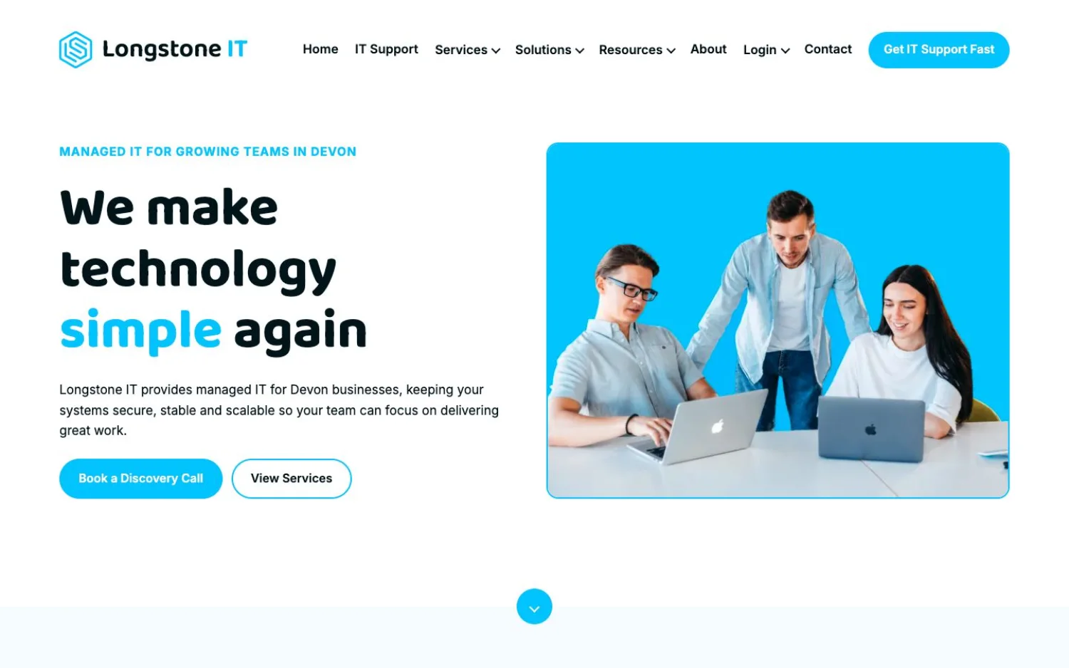 Longstone IT homepage with clear managed IT service routes and support actions, representing branding and bespoke website work in Kingsbridge, Devon